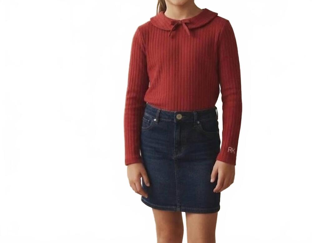 NEW RETROKID girls mae bow ribbed collar t-shirt in burgundy